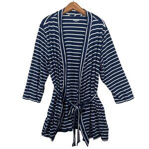 Lands End Womens Robe 1X Plus Navy Stripe Jersey Knit HouseCoat Nautical Preppy